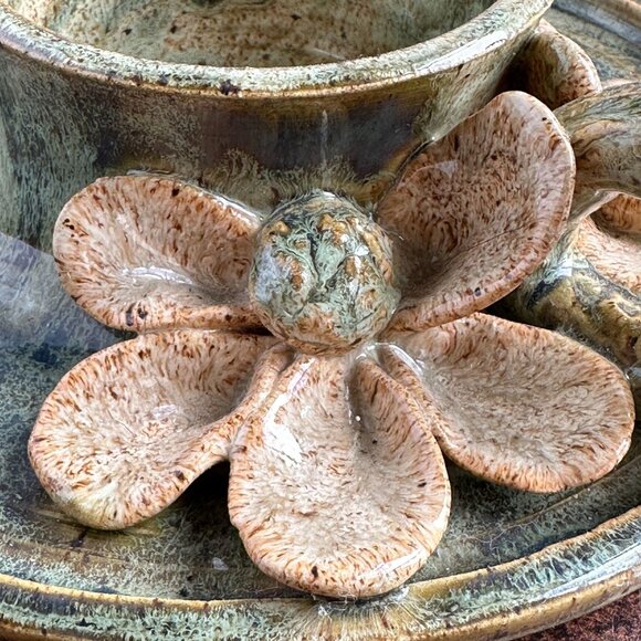 Handmade Ceramic Candle Holder w Flowers & Handle Green and Beige Glazed Pottery - Picture 6 of 11